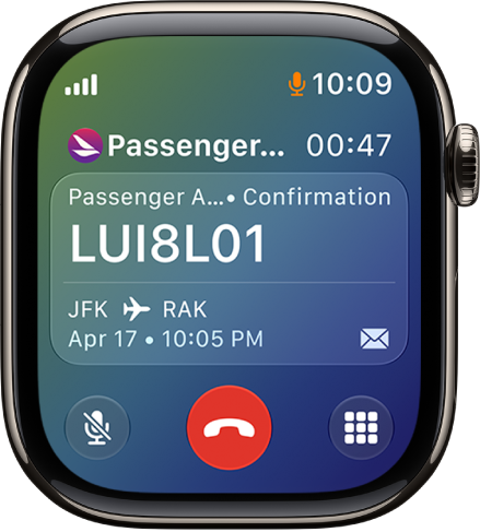 The call screen showing the confirmation number for a ticket and flight information.