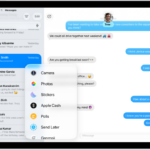The Add menu in Messages on iPad, listing several iMessage features: scheduled send, audio messaging, the App Store, GIF images, Digital Touch, location sharing, and music.