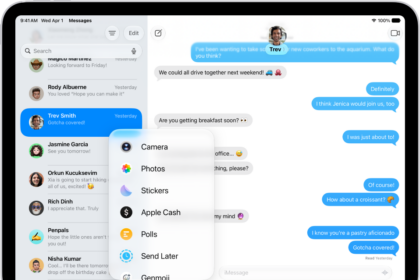 The Add menu in Messages on iPad, listing several iMessage features: scheduled send, audio messaging, the App Store, GIF images, Digital Touch, location sharing, and music.