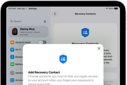 The Account Recovery Contact screen with information about the feature. The Add Recovery Contact button is at the bottom