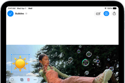 In Mail, a PDF of an attachment has text added and a sticker of an emoji. Below the webpage are the markup tools.