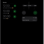 The Timers tab showing settings to set a timer. A recently created timer is below the timer settings. The World Clock, Alarm, Stopwatch, and Timers buttons are along the bottom.