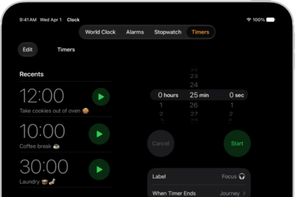 The Timers tab showing settings to set a timer. A recently created timer is below the timer settings. The World Clock, Alarm, Stopwatch, and Timers buttons are along the bottom.