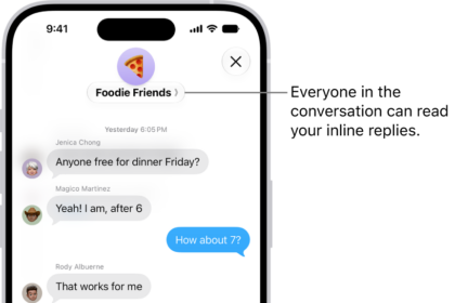 Composing an inline reply in a group conversation in Messages. Another person in the conversation is mentioned, so their name appears in bold.