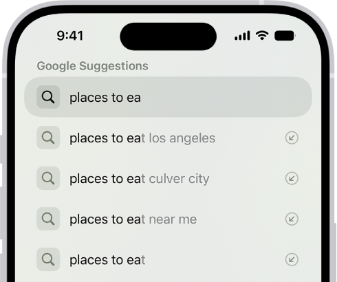 A Safari search screen, with the onscreen keyboard at the bottom of the screen. Above the keyboard, the search field contains text, and related search suggestions are listed above.