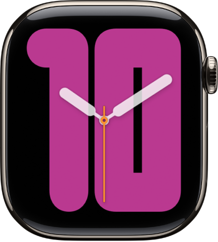 The Numerals Mono watch face showing analog hands over a large number, indicating the hour.