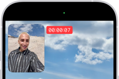 The Camera in Video mode recording a Dual Capture video. A window in the top-left of the frame displays what the front-facing camera is recording, and the rest of the frame displays what the back camera is recording.