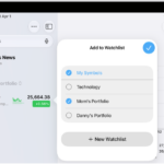A list of customized watchlists in the Stocks app: My Symbols, Mom's Portfolio, Sustainability, and Entertainment.