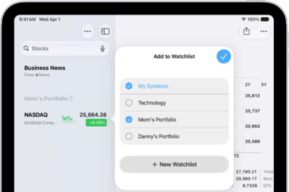 A list of customized watchlists in the Stocks app: My Symbols, Mom's Portfolio, Sustainability, and Entertainment.