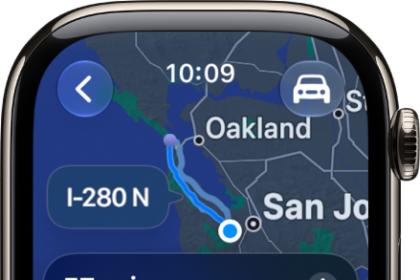 The Maps app showing an overview of driving directions. The first leg of the trip is shown at the bottom.