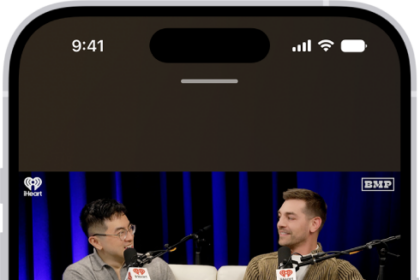 The Now Playing screen in the Podcasts app, showing a video. Below the video is the podcast artwork, the episode title, the playback controls, and the volume slider. At the bottom of the tab are the View Transcript button, the AirPlay icon, and the Playing Next button.