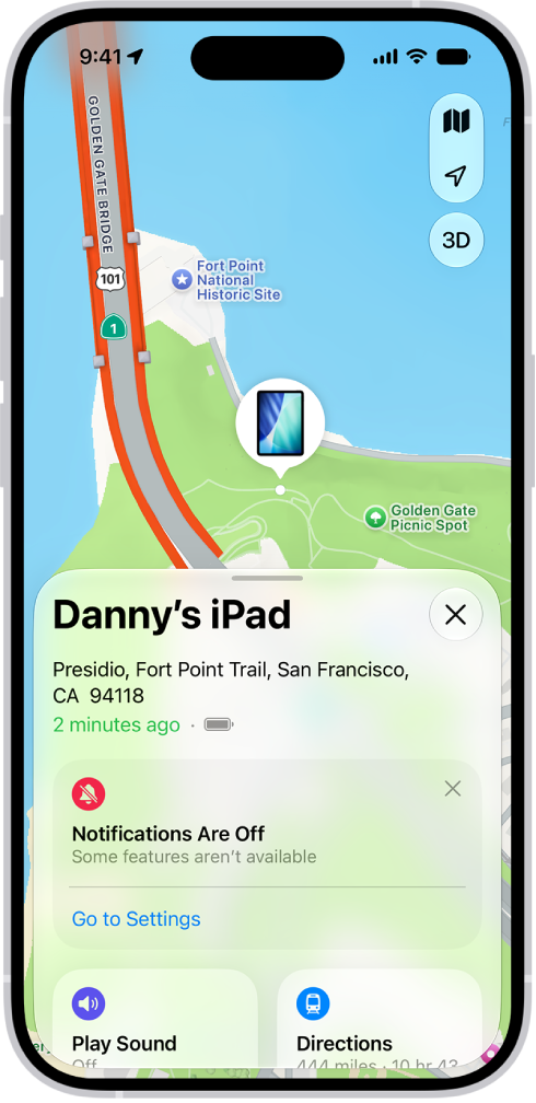 The Find My app showing the location of an iPad on a map.