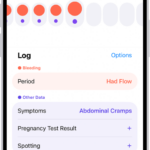 The Cycle Tracking screen showing the timeline for a week at the top of the screen. Solid red circles and purple dots mark the first 5 days on the timeline. Below the timeline are options to add information about periods, symptoms, and more.
