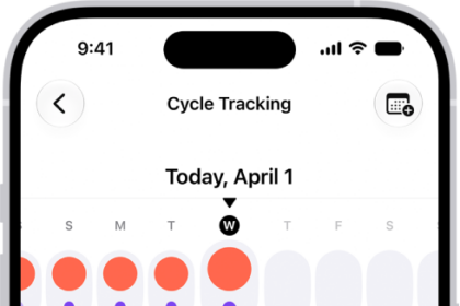 The Cycle Tracking screen showing the timeline for a week at the top of the screen. Solid red circles and purple dots mark the first 5 days on the timeline. Below the timeline are options to add information about periods, symptoms, and more.