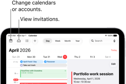 A calendar in Day view. The buttons at the top center let you change the view between Day, Week, Month, and Year. The Calendars button is at the top left of the screen, and the Inbox button is near the top left.