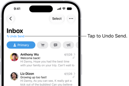 The inbox, showing a list of messages. The Undo Send button (for pulling back a recently sent message) is in the center of the bottom of the screen.