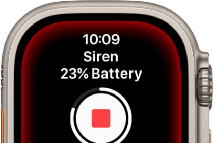 Siren counting down. Near the top is the battery charge, in the middle is a Play button, and at the bottom is the Emergency Call slider.