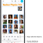 A Freeform board filled with a grid of photos. Several photos are selected, and the alignment and grouping tools appear above them.