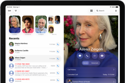 The Phone app, with Favorite contacts on the left side of the screen. Below the Favorites is a list of recent calls and voicemail. The contact information appears on the right side of the screen, with the Keypad button in the top right of the screen.