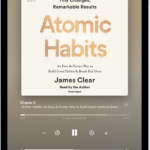 The audiobook player screen showing, from top to bottom, the audiobook cover, the name of the section that's playing, the playhead, pause button, and the skip forward and back buttons. At the bottom is the volume slider and below that are buttons for controlling playback speed, setting a sleep timer, choosing a playback destination, and viewing a list of the book's tracks.