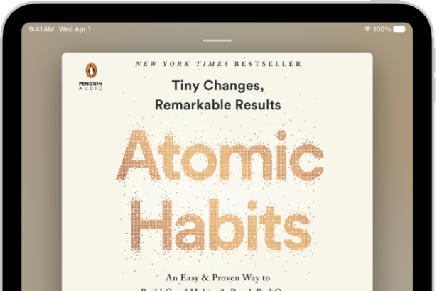 The audiobook player screen showing, from top to bottom, the audiobook cover, the name of the section that's playing, the playhead, pause button, and the skip forward and back buttons. At the bottom is the volume slider and below that are buttons for controlling playback speed, setting a sleep timer, choosing a playback destination, and viewing a list of the book's tracks.