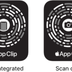 On the left, an NFC-integrated App Clip Code with an iPhone icon in the center. On the right, a scan-only App Clip Code with a camera icon in the center.