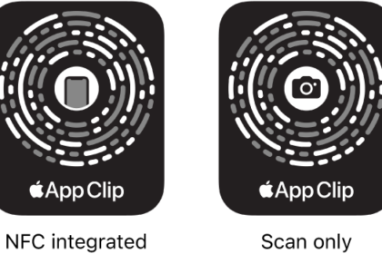 On the left, an NFC-integrated App Clip Code with an iPhone icon in the center. On the right, a scan-only App Clip Code with a camera icon in the center.