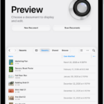 The main screen of the Preview app. The New Document and Scan Documents buttons are in the middle of the screen. Toward the bottom of the screen are the Recents, Shared, and Browse tabs.