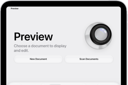 The main screen of the Preview app. The New Document and Scan Documents buttons are in the middle of the screen. Toward the bottom of the screen are the Recents, Shared, and Browse tabs.