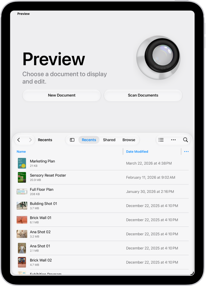 The main screen of the Preview app. The New Document and Scan Documents buttons are in the middle of the screen. Toward the bottom of the screen are the Recents, Shared, and Browse tabs.