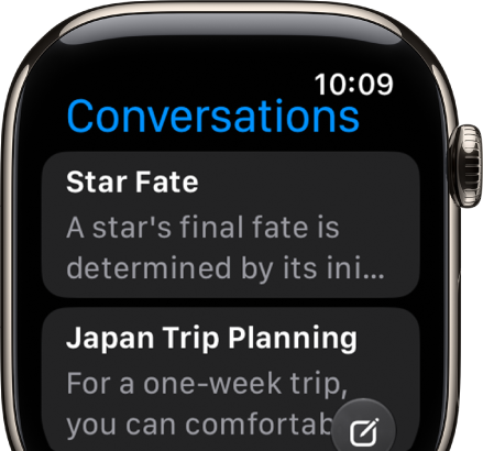 The Siri app showing two conversations. A button to start a new conversation appears at the bottom of the screen.