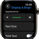 Display & Brightness settings on Apple Watch, with the Brightness slider at the top, and the Text Size button below.