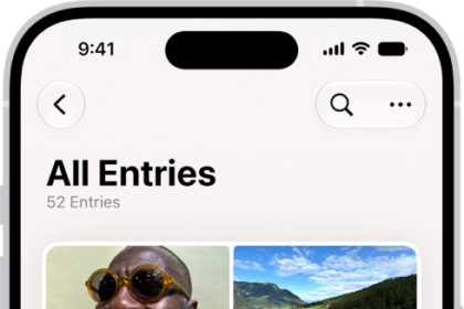 A screen in the Journal app showing journal entries with the Search button at the top right.