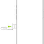 A paper clip or SIM eject tool is inserted into the small hole of the tray on the left side of iPhone to eject and remove the tray.