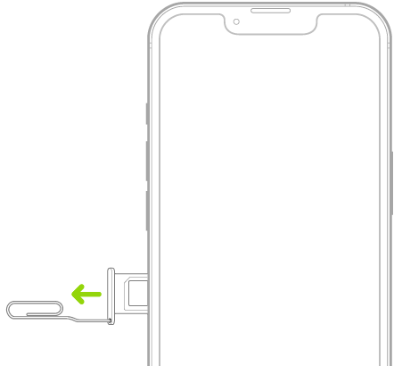 A paper clip or SIM eject tool is inserted into the small hole of the tray on the left side of iPhone to eject and remove the tray.