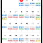 A calendar in Month view showing events and reminders.
