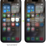 Two Control Center screens side by side—the one on the left shows controls for Airplane Mode, cellular data, Wi-Fi, and Bluetooth in the top-left group. The Camera icon is shown at the bottom right. The screen on the right shows more options in the Quick Actions menu for Camera: Selfie, Video, Portrait, and Portrait Selfie.