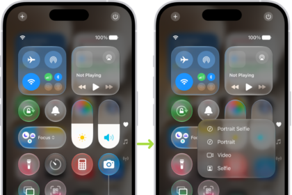 Two Control Center screens side by side—the one on the left shows controls for Airplane Mode, cellular data, Wi-Fi, and Bluetooth in the top-left group. The Camera icon is shown at the bottom right. The screen on the right shows more options in the Quick Actions menu for Camera: Selfie, Video, Portrait, and Portrait Selfie.