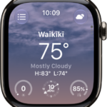 The Weather app showing an overview of the current weather. The location appears above the current temperature.