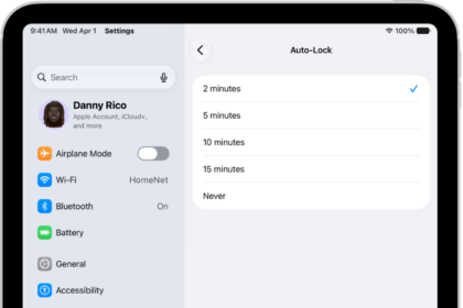 The Auto-Lock screen, with settings for the length of time before iPad automatically locks.