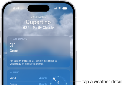 The Weather app showing weather details for a location.
