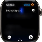 The text field screen showing a message created with dictation. The Emoji and Dictation buttons are at the bottom of the screen.