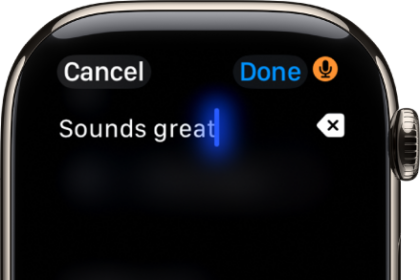 The text field screen showing a message created with dictation. The Emoji and Dictation buttons are at the bottom of the screen.