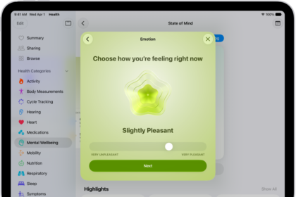 A screen in the Health app identifying the current mood as Slightly Pleasant. At the bottom of the screen is a slider to adjust the level of the emotion.