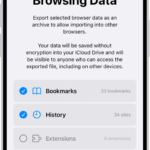 The Export Browsing Data screen, showing the data you can export from Safari to another browser.
