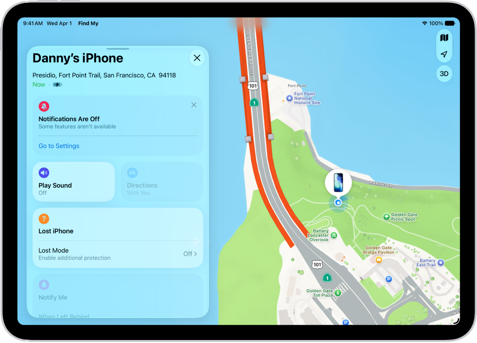 A screen showing settings for the Find My app, with options to turn on notifications.