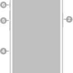 The front view of iPhone 15. The front camera is at the top center. The side button is on the right side. The USB-C connector is on the bottom. On the left side, from bottom to top, are the SIM tray, the volume buttons, and the Ring/Silent switch.