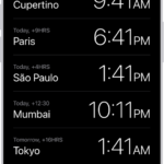 The World Clock tab, showing the time in various cities. The Edit button near the upper-left corner lets you reorder or delete clocks. The Add button near the upper-right corner lets you add more clocks. World Clock, Alarm, Stopwatch, and Timers buttons are along the bottom.