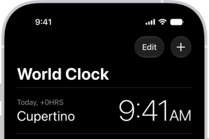 The World Clock tab, showing the time in various cities. The Edit button near the upper-left corner lets you reorder or delete clocks. The Add button near the upper-right corner lets you add more clocks. World Clock, Alarm, Stopwatch, and Timers buttons are along the bottom.