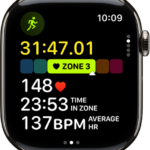 A running workout in progress shows the workout's elapsed time, the zone you're currently in, heart rate, time in zone, and average heart rate.